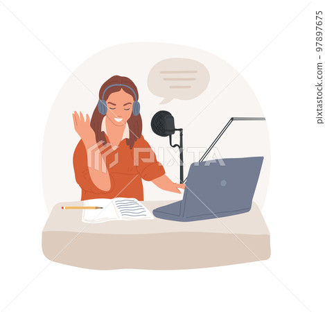 Podcasts isolated cartoon vector illustration. Smiling woman recording a podcast on her laptop with headphones, people lifestyle, getting new knowledge, mental development vector cartoon. 97897675