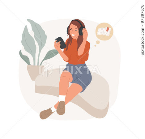 Audiobooks isolated cartoon vector illustration. Beautiful girl in headphones listening to audiobooks, enjoying literature, people lifestyle, receiving new knowledge vector cartoon. 97897676