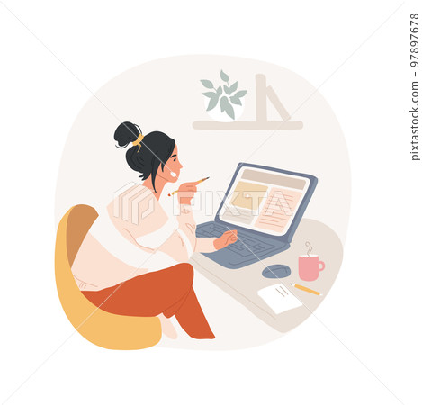 Blogs isolated cartoon vector illustration. Young girl reading online blogs via laptop and drinking coffee, getting new knowledge, people lifestyle, mental development vector cartoon. Blogs isolated cartoon vector illustration. Young girl reading online blogs via laptop and drinking coffee, getting new knowledge, people lifestyle, mental development vector cartoon. 97897678