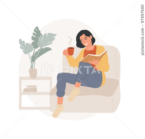 Books isolated cartoon vector illustration. Woman holding a cup of coffee and reading a book, enjoying literature, obtaining information, people lifestyle, leisure time alone vector cartoon. 97897680