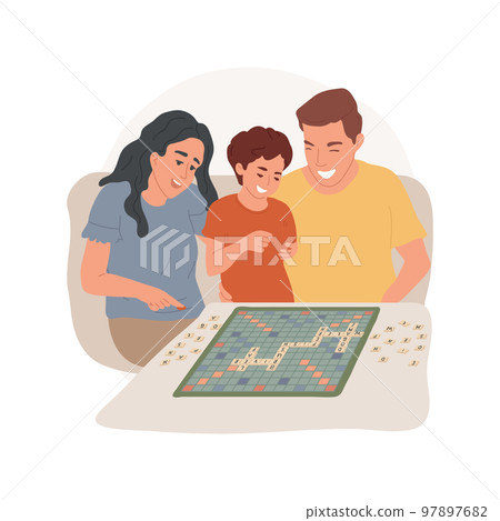 Word game isolated cartoon vector illustration. Happy parents with kids playing Scrabble game, mind challenge, mental development, leisure activity, entertainment with family vector cartoon. 97897682