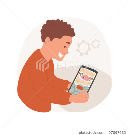 Mobile games isolated cartoon vector illustration. Kid holding smartphone and playing mobile brain training apps, mind challenge, mental development via games, leisure activity vector cartoon. 97897683