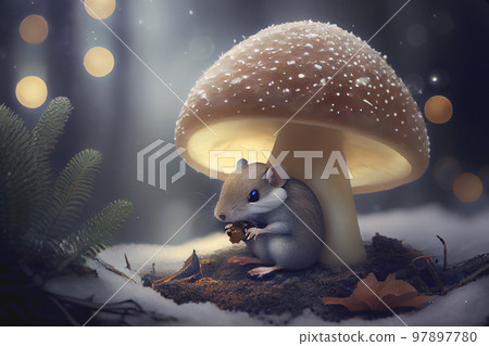 There is a mouse in the forest under a luminous mushroom in winter 97897780