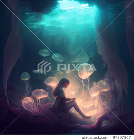 A girl meditates and a flock of luminous jellyfish flies on top of her A girl meditates and a flock of luminous jellyfish flies on top of her 97897807