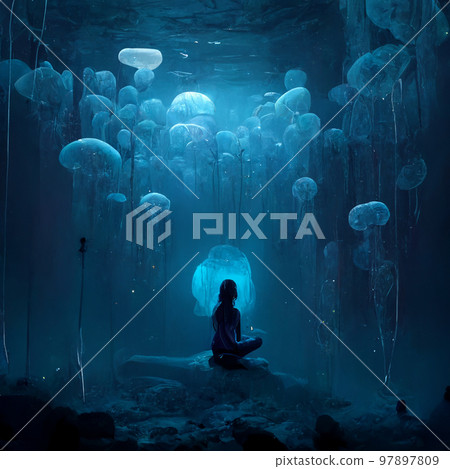 A girl meditates and a flock of luminous jellyfish flies on top of her 97897809