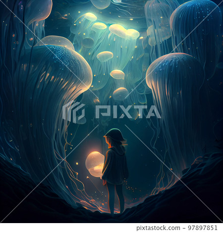 A girl stands around a flying flock of jellyfish A girl stands around a flying flock of jellyfish 97897851