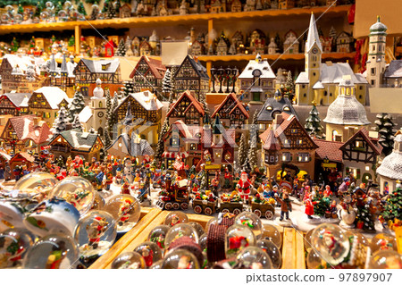 Christmas toys and gifts on the market counter. 97897907