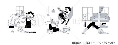 Family fun amid quarantine abstract concept vector illustration set. Bake together, indoor picnic, home gymnastics, time together with children, indoor activities, stay at home abstract metaphor. 97897962