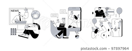 Quarantine lifestyle abstract concept vector illustration set. Limit your news intake, stay connected to people, virtual Holiday party, friends meetup, online communication, anxiety abstract metaphor. Quarantine lifestyle abstract concept vector illustration set. Limit your news intake, stay connected to people, virtual Holiday party, friends meetup, online communication, anxiety abstract metaphor. 97897964
