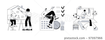 Distance learning abstract concept vector illustration set. Home-school your kids, set up daily schedule, STEM activities, quarantine daily routine, remote home education, pandemic abstract metaphor. 97897966