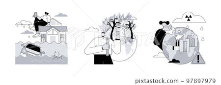 Natural disaster abstract concept vector illustration set. Flood and tropical cyclone and tsunami, prevention of wildfire, acid rain, climate change, firefighting service, rainwater abstract metaphor. Natural disaster abstract concept vector illustration set. Flood and tropical cyclone and tsunami, prevention of wildfire, acid rain, climate change, firefighting service, rainwater abstract metaphor. 97897979