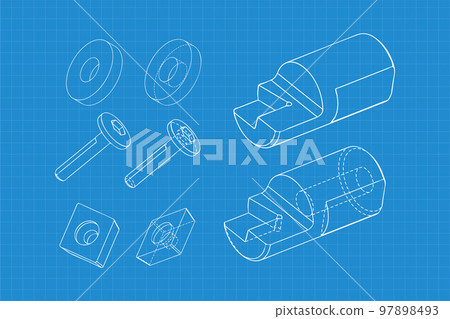 Mechanical engineering drawings on blue background. Cutter, assembly tool with replaceable multi-faceted plate. Technical Design. Cover. Blueprint. Vector illustration. Mechanical engineering drawings on blue background. Cutter, assembly tool with replaceable multi-faceted plate. Technical Design. Cover. Blueprint. Vector illustration. 97898493