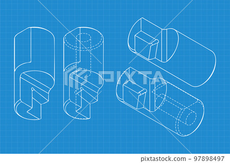 Mechanical engineering drawings on blue background. Cutter, assembly tool with replaceable multi-faceted plate. Technical Design. Cover. Blueprint. Vector illustration. 97898497