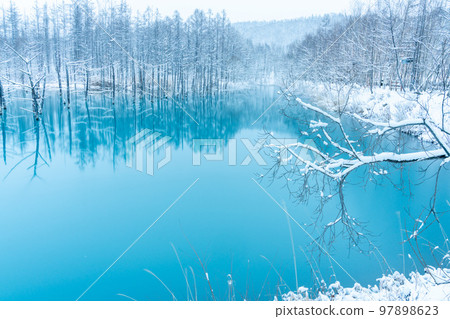 [北海道的冬天]白雪覆蓋的藍色池塘 97898623