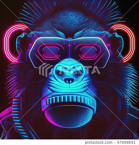 Young party monkey in cool sunglasses and headphones listening music. Pop art style in neon colors. Generative AI. Not based on any actual scene Young party monkey in cool sunglasses and headphones listening music. Pop art style in neon colors. Generative AI. Not based on any actual scene 97898691