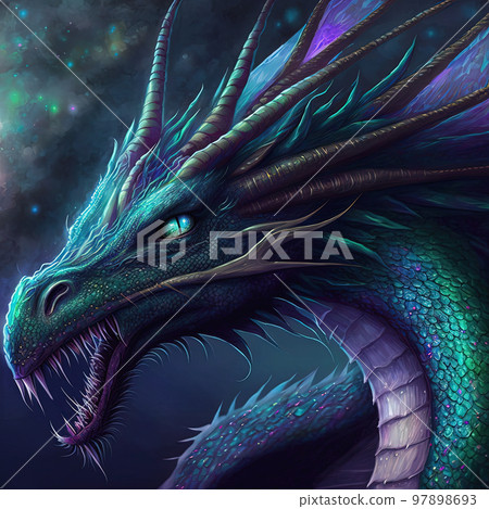Iridescent fantasy dragon in neon colors. Spirit insect portrait. Generative AI. Not based on any actual scene Iridescent fantasy dragon in neon colors. Spirit insect portrait. Generative AI. Not based on any actual scene 97898693