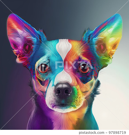 Cool colorful psychedelic dog in neon colors. Spirit animal portrait. Generative AI. Not based on any actual scene Cool colorful psychedelic dog in neon colors. Spirit animal portrait. Generative AI. Not based on any actual scene 97898719