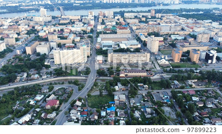 Krasnoyarsk city aerial panoramic view from Karaulnaya Mountain. Krasnoyarsk city aerial panoramic view from Karaulnaya Mountain. 97899223