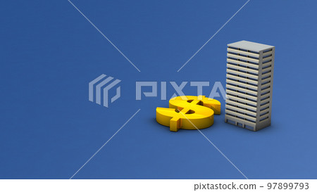 Mansion miniature and big dollar sign. Real estate purchase financing planning and borrowing metaphor. 97899793