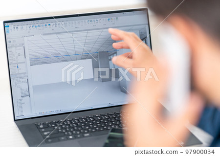 Three-dimensional CAD three-dimensional 3DCG architectural design project interior view businessman smartphone meeting remote 97900034