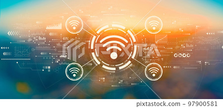 Wifi theme with blurred city at sunset or sunrise 97900581
