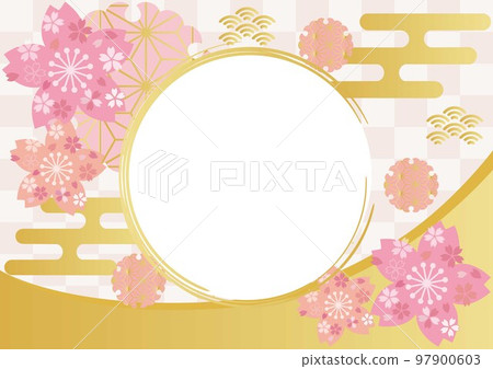 Japanese pattern cherry blossom gold leaf round frame_lattice background 1556 Japanese pattern cherry blossom gold leaf round frame_lattice background 1556 97900603