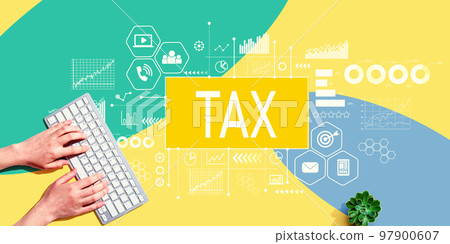 Tax theme with person using computer keyboard Tax theme with person using computer keyboard 97900607