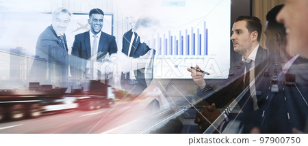 Successful business of logistics with logistic network distribution on background and Logistics Industrial Container Cargo freight ship or instant shipping by management team 97900750