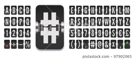 Analog airport flip scoreboard for stock exchange rates or flight info and arrival destination. Terminal font vector illustration for financial information Analog airport flip scoreboard for stock exchange rates or flight info and arrival destination. Terminal font vector illustration for financial information 97902065
