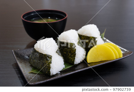 Onigiri and miso soup for breakfast 97902739