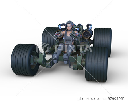 Cyberwoman riding a four-wheeled buggy 97903061