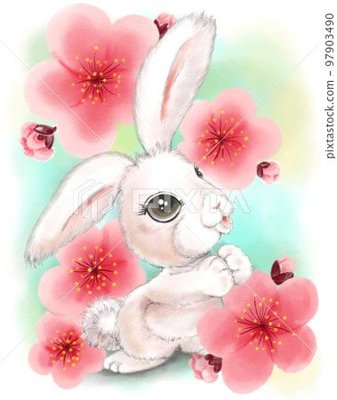 Rabbit and plum illustration drawn with colored... - Stock Illustration ...