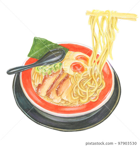 Illustration of ramen with noodles pinched with chopsticks drawn with hand-painted watercolor Illustration of ramen with noodles pinched with chopsticks drawn with hand-painted watercolor 97903530