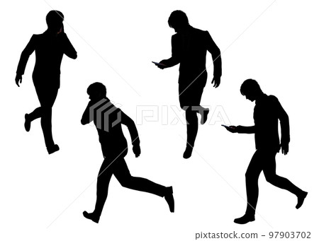 一名推銷員四處奔波的商業場景，由多人剪影、全身正面和背面視圖組成。 97903702
