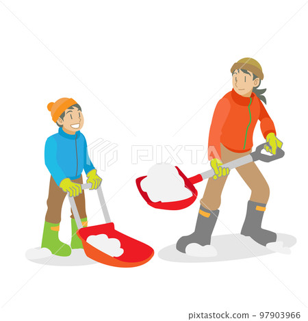 Parents and children shoveling snow 97903966
