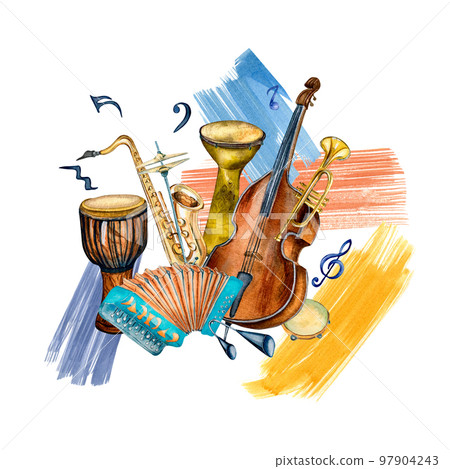 Jazz musical instruments, signs and paint stroke watercolor illustration isolated. 97904243