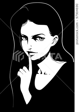 一位年輕女子的肖像,她的手指放在嘴上,黑白相間 一位年輕女子的肖像,她的手指放在嘴上,黑白相間 97904690