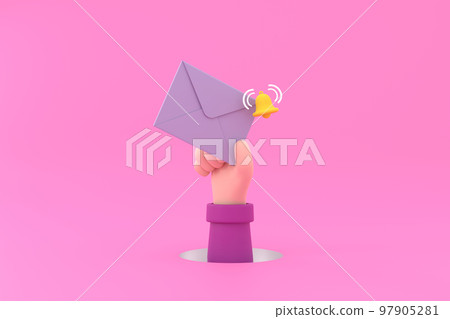 Hand hold an envelope of sending notification with email message bell icon. Hand hold an envelope of sending notification with email message bell icon. 97905281