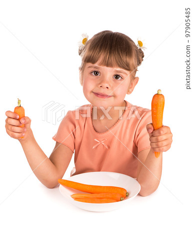 Cute little girl with the carrot on a white background Cute little girl with the carrot on a white background 97905485