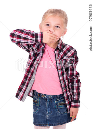 The studio shot a portrait of a thoughtful little girl who closes her mouth. Copy space on white background. The studio shot a portrait of a thoughtful little girl who closes her mouth. Copy space on white background. 97905486