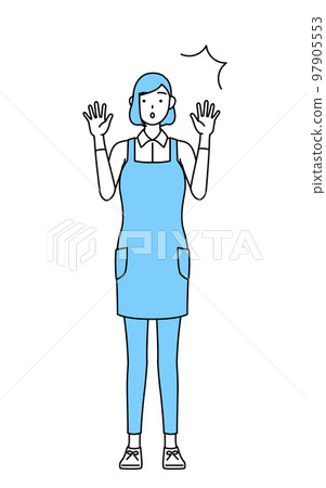 A woman wearing an apron who raises her hand in surprise 97905553