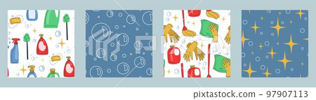 Sustainable cleaning. Cleanup patterns. Detergent bottles. Plastic brush. Rubber gloves and mops. Environment recycle lifestyle. Housekeeping tools. Soap foam bubbles. Vector seamless tidy background Sustainable cleaning. Cleanup patterns. Detergent bottles. Plastic brush. Rubber gloves and mops. Environment recycle lifestyle. Housekeeping tools. Soap foam bubbles. Vector seamless tidy background 97907113