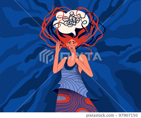 Negative emotions. Tiny stress condition. Mental breakdown. Crisis therapy. Person feeling internal dark. Anxious woman. Tangled thoughts. Confused mind. Depressed female. Vector banner exact concept 97907150