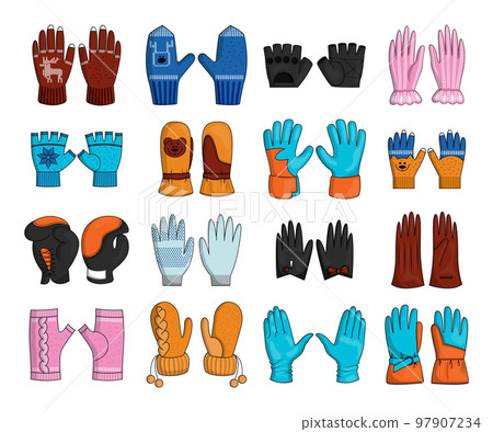 Glove pair, textile warm mittens. Woolen Christmas fashion hand accessory, winter hand soccer, football sport and leather boxing clothes, holidays cozy knit outerwear vector icon current isolated set Glove pair, textile warm mittens. Woolen Christmas fashion hand accessory, winter hand soccer, football sport and leather boxing clothes, holidays cozy knit outerwear vector icon current isolated set 97907234