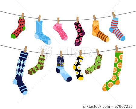Educational match game, sock lines. Rope activity, laundry symbol, children clothesline, kids worksheet. Trendy cotton socks with avocado, animals and geometric print. Vector design current background Educational match game, sock lines. Rope activity, laundry symbol, children clothesline, kids worksheet. Trendy cotton socks with avocado, animals and geometric print. Vector design current background 97907235