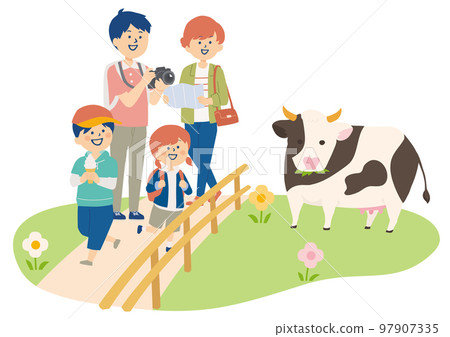 Illustration of a family sightseeing on a ranch Illustration of a family sightseeing on a ranch 97907335