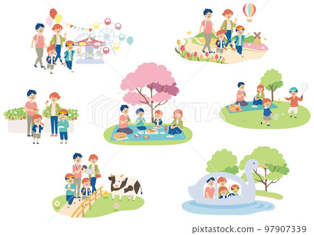 Illustration set of family enjoying spring outing Illustration set of family enjoying spring outing 97907339