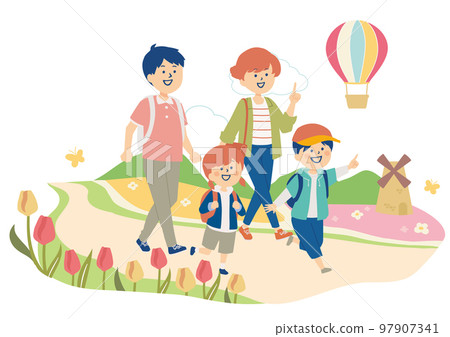 Illustration of a family walking in a tulip field 97907341
