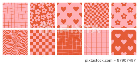 Groovy lovely backgrounds. Love concept. Happy Valentines day greeting card. Funky pattern and texture in trendy retro 60s 70s cartoon style. Vector seamless pattern in pink red colors. Groovy lovely backgrounds. Love concept. Happy Valentines day greeting card. Funky pattern and texture in trendy retro 60s 70s cartoon style. Vector seamless pattern in pink red colors. 97907497