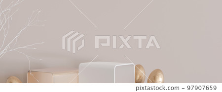Two podiums with golden Easter eggs and copy space. Modern stage for product, cosmetic presentation. Easter mock up. Pedestal, platform for beauty products. Empty scene. Display, showcase. 3D render. Two podiums with golden Easter eggs and copy space. Modern stage for product, cosmetic presentation. Easter mock up. Pedestal, platform for beauty products. Empty scene. Display, showcase. 3D render. 97907659